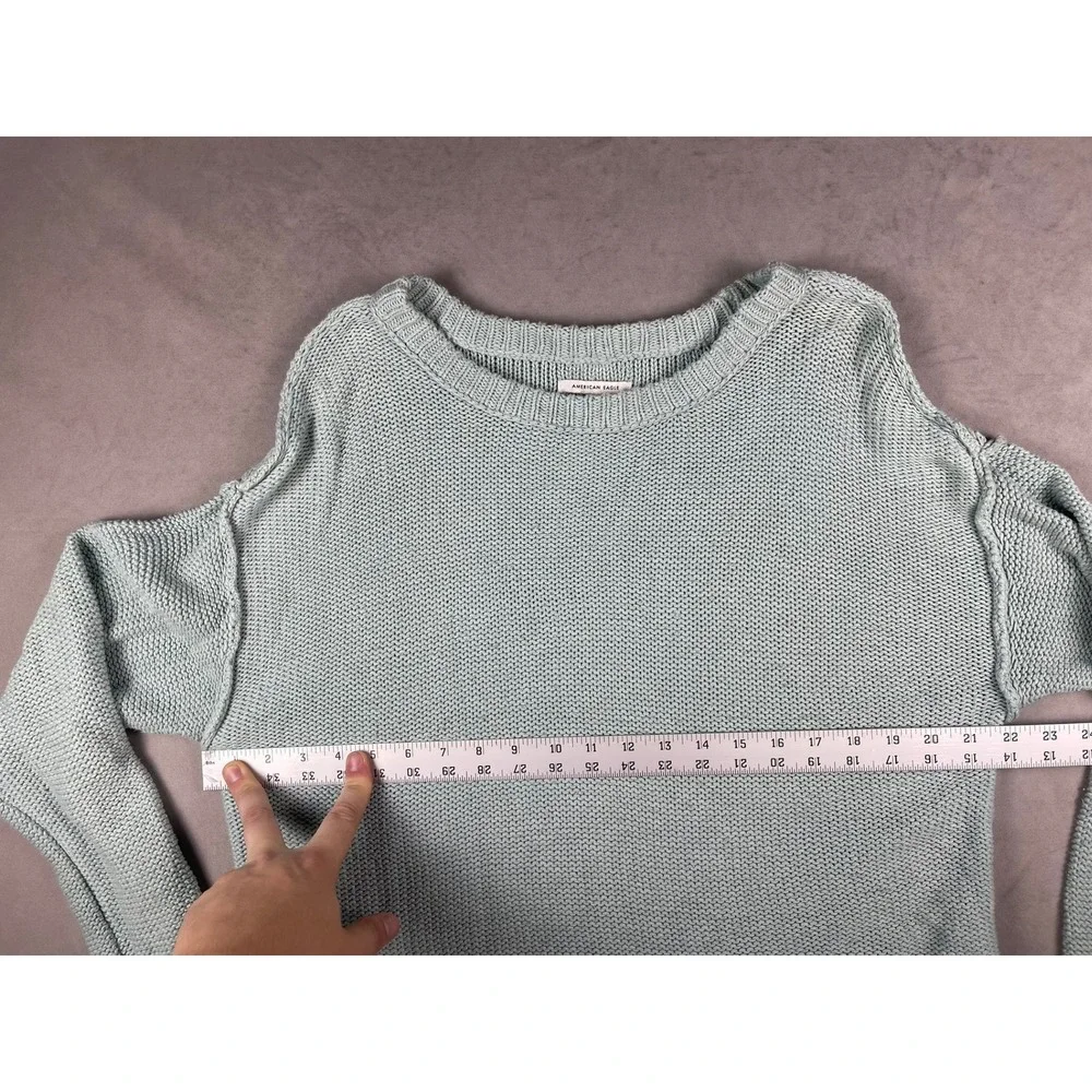 American Eagle Light Blue Cotton Garter Stitch Cropped Pullover Sweater Mens M